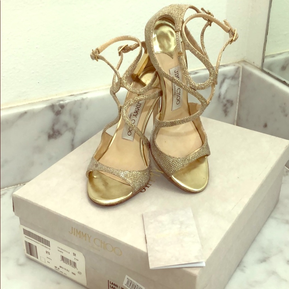 Jimmy Choo Lang Gold Glitter Sandal Heel
